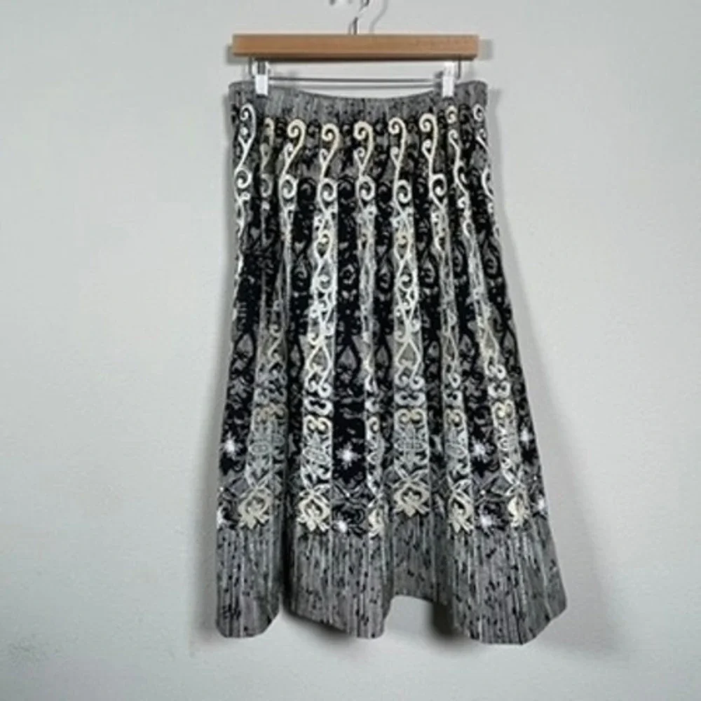 Basil & Maude Beaded Sequin Vintage Midi Skirt Womens 10 Black White Artsy